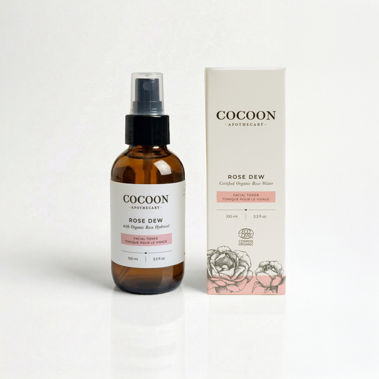 rose dew certified organic toner bottle and box on white