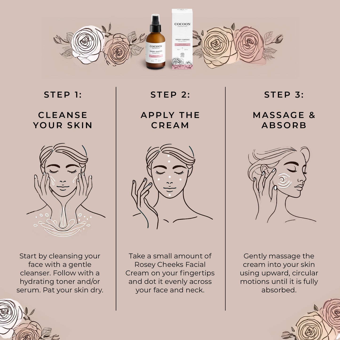 Step-by-step directions for using Rosey Cheeks Facial Cream, displayed in a clean and easy-to-read format. The instructions guide users on how to apply a small amount to clean skin, gently massage it in, and use morning and night for optimal hydration and barrier support. The layout includes a minimalist design with an image of the jar and application steps.