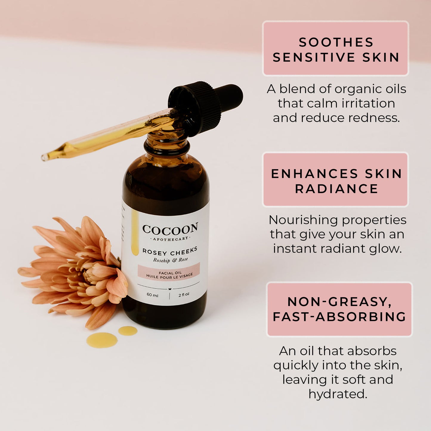 Benefits chart displaying the key advantages of Rosey Cheeks Facial Oil, alongside a bottle of the product. The chart highlights deep hydration, redness reduction, enhanced radiance, skin barrier protection, and organic ingredients. The bottle is elegantly placed beside the text, showcasing its minimalist, eco-friendly packaging.