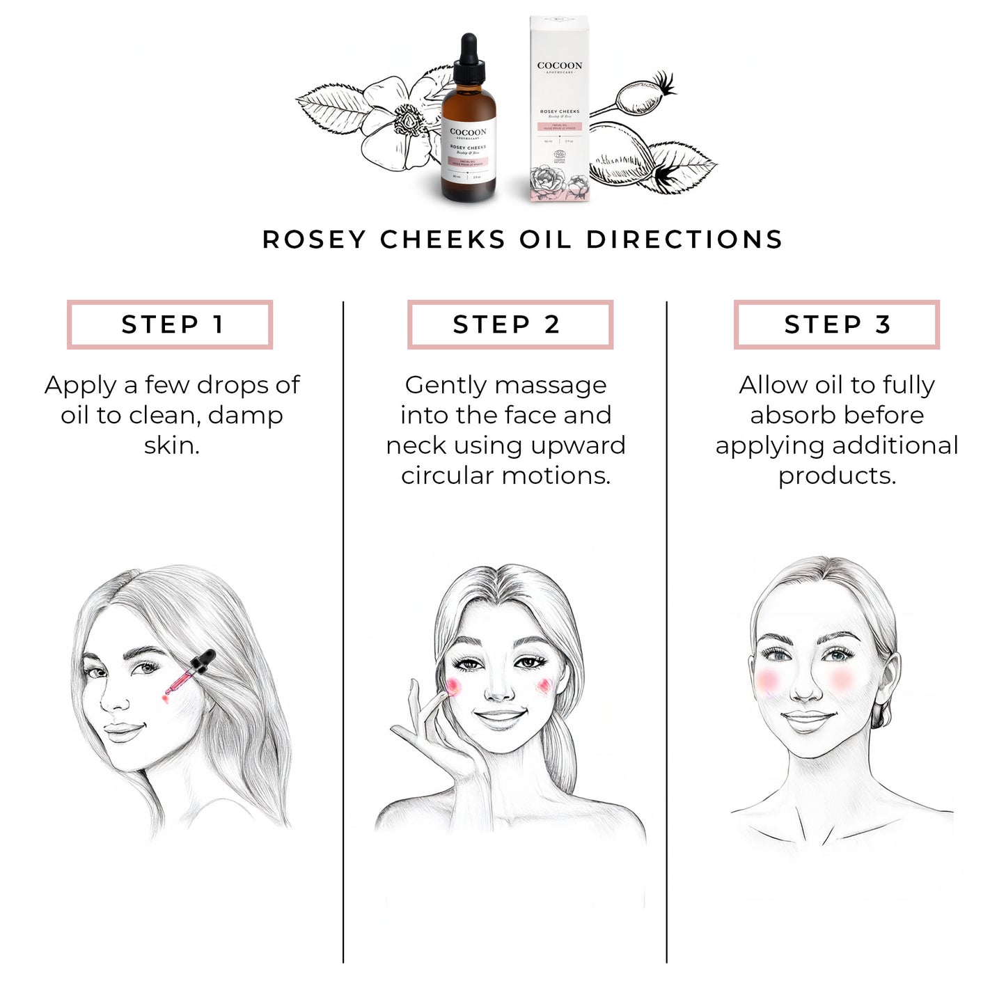 Step-by-step directions for using Rosey Cheeks Facial Oil, displayed in a clean and easy-to-read format. The instructions guide users on how to apply 2-3 drops to clean skin, gently press the oil into the face, and use morning and night for optimal hydration and radiance. The layout includes a minimalist design with an image of the bottle and application steps.