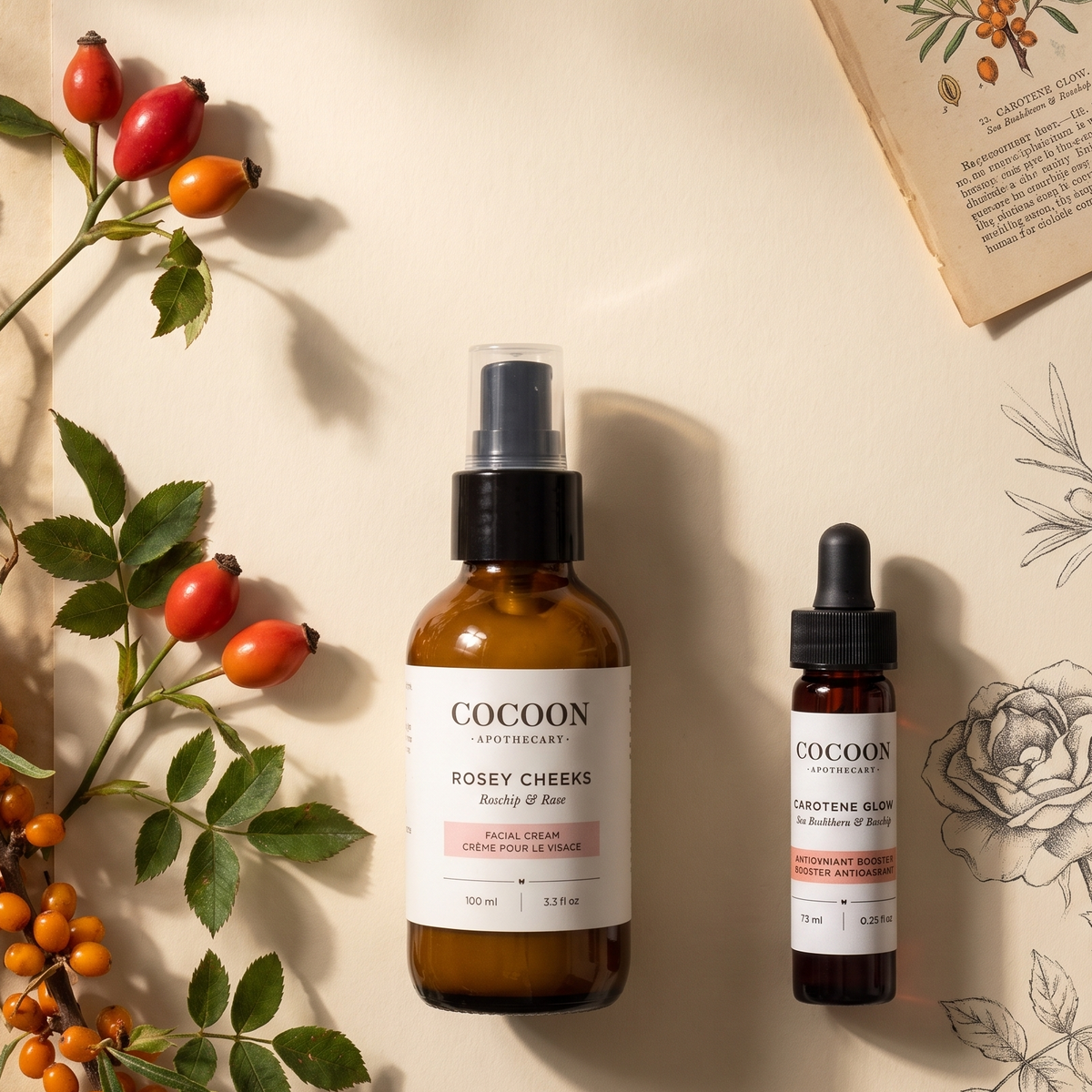 roseycheeks and carotene glow bottles as a pair to help with dull skin