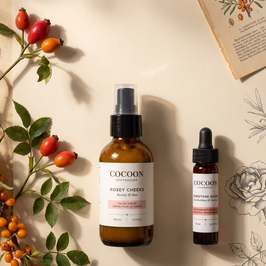 roseycheeks and carotene glow bottles as a pair to help with dull skin