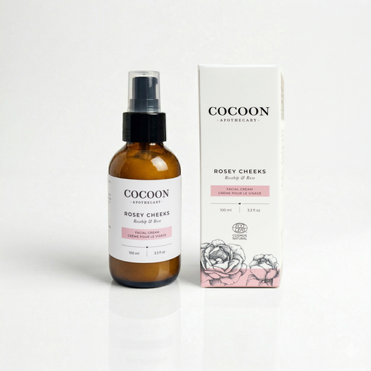 Cocoon Apothecary Rosey Cheeks facial cream bottle and packaging on a white background