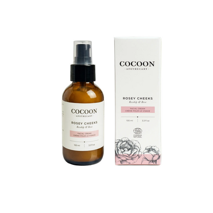Cocoon Apothecary Rosey Cheeks facial cream bottle and packaging on a white background