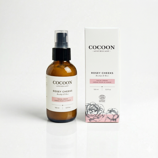 Cocoon Apothecary Rosey Cheeks facial cream bottle and packaging on a white background
