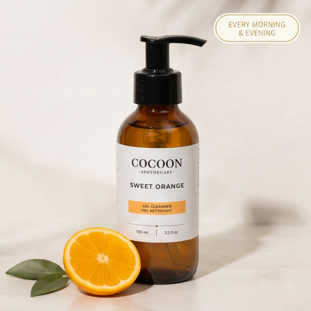 Cocoon Apothecary Sweet Orange gel cleanser bottle with an orange and leaves on a light background