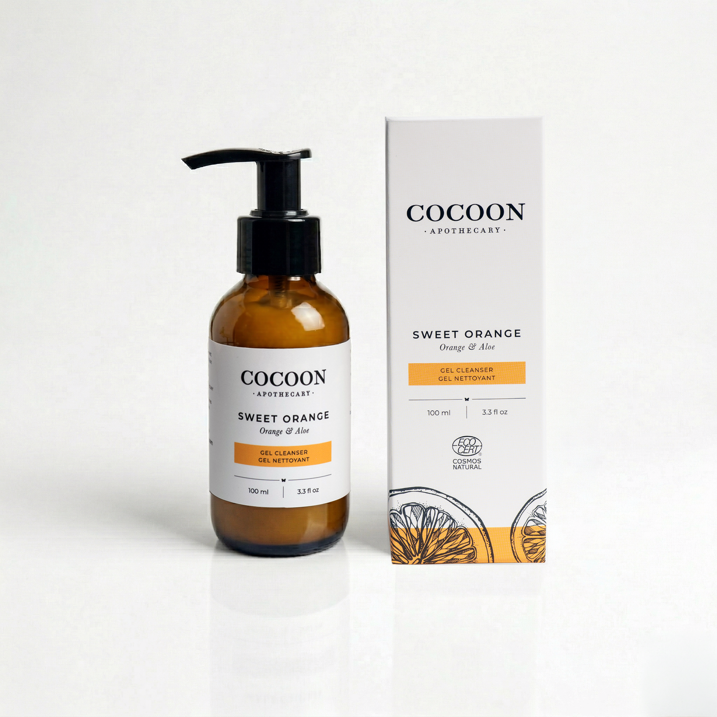Cocoon Apothecary Sweet Orange gel cleanser bottle and packaging on a white background