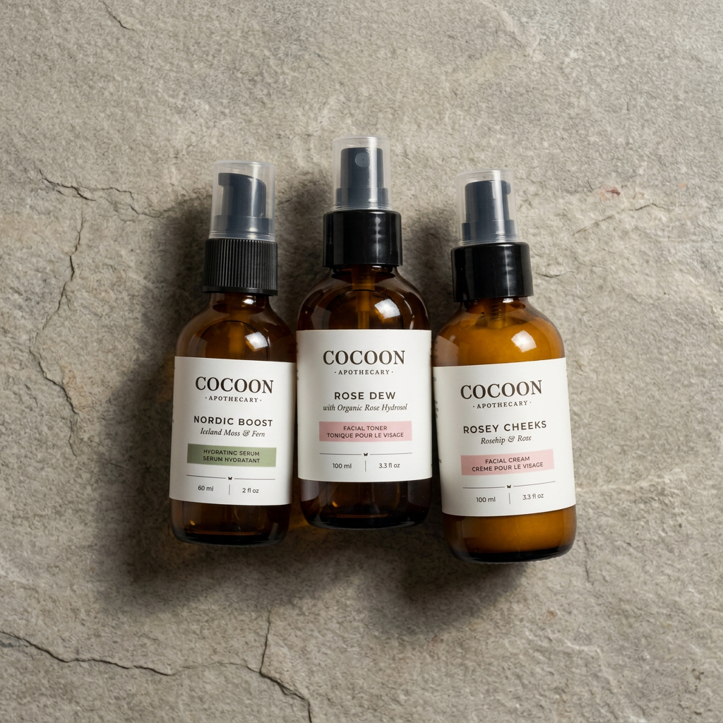 Three amber glass spray bottles from Cocoon Apothecary lined up on a textured gray stone background. The bottles feature white labels with black text and are topped with black and silver spray pumps.