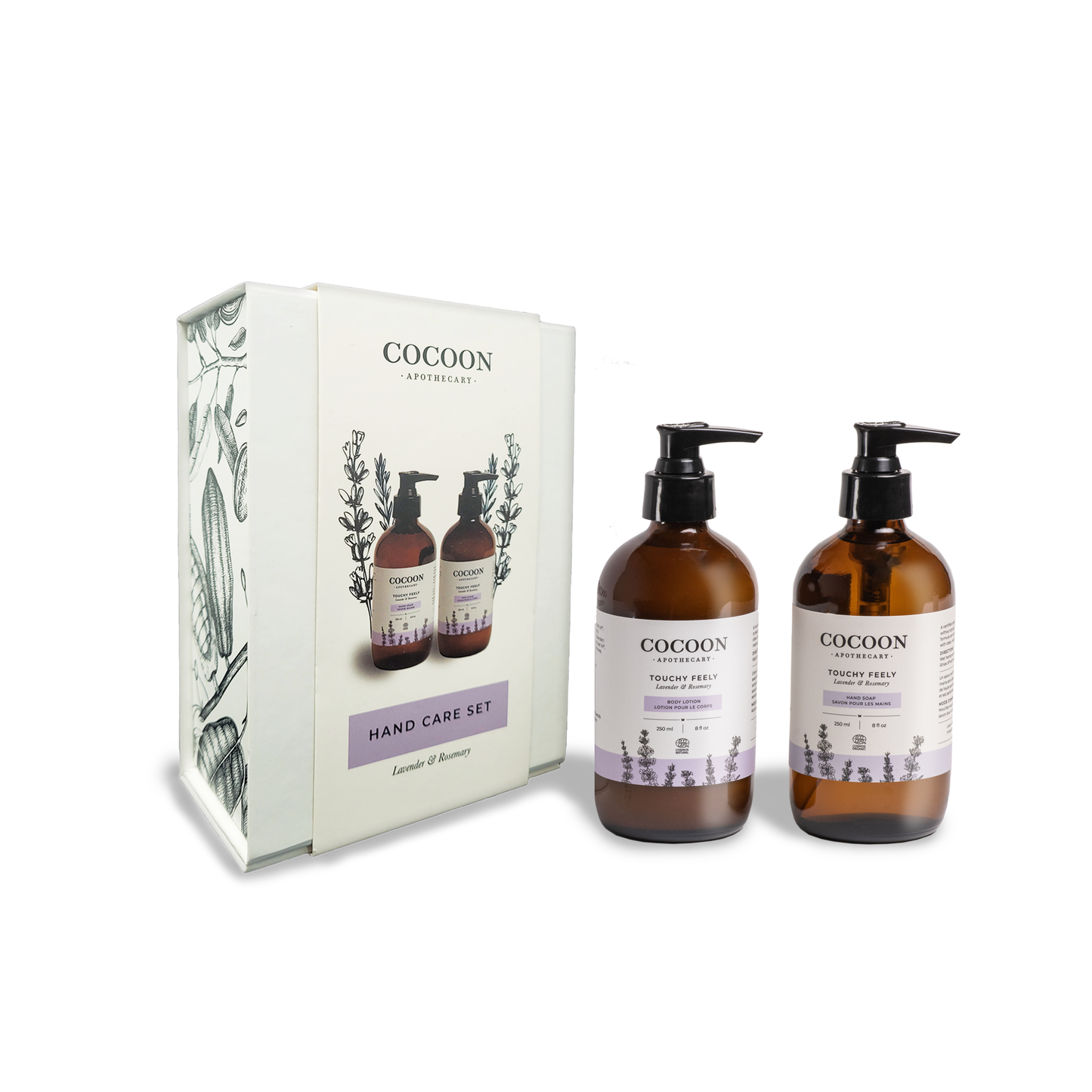 Cocoon hand care set with two bottles and a box on a white background