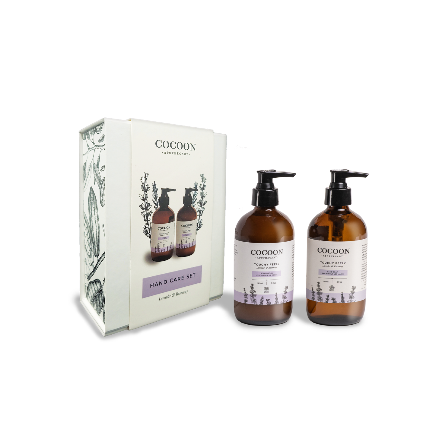 Cocoon hand care set with bottles and packaging on a white background