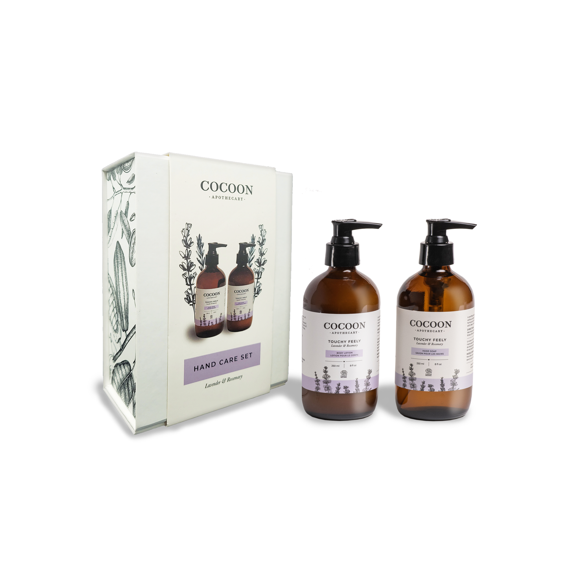 Cocoon hand care set with bottles and packaging on a white background