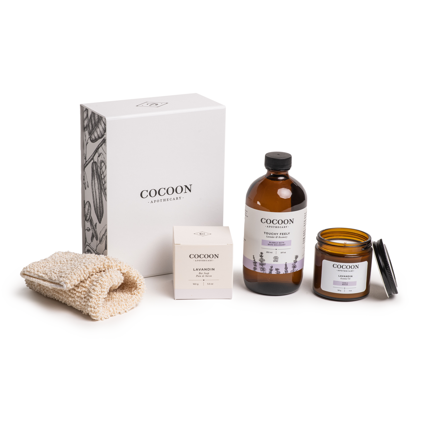 Touchy Feely Bubble Bath, Soy Lavandin Candle, Lavandin Bar Soap and Jute Exfoliating mitt make for the perfect relaxation kit