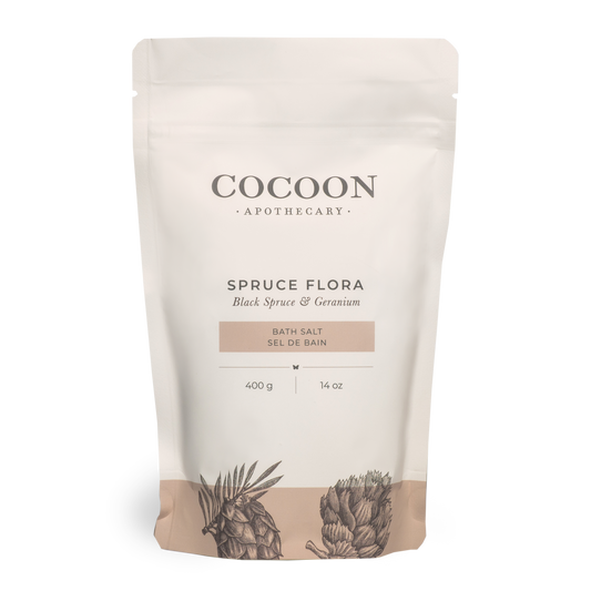Mineral rich Dead Sea salts, Epsom salts and pure essential oils creates a spa-like bathing experience. Spruce Flora has a clean, woodsy scent.