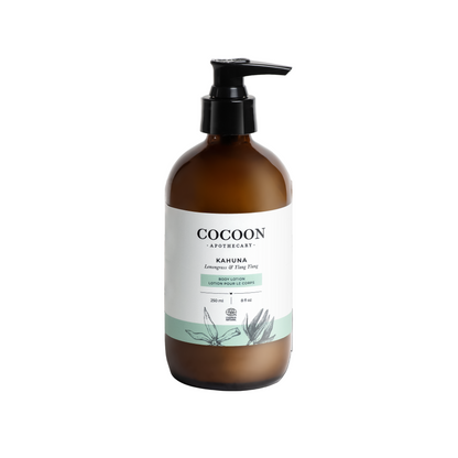 Kahuna Body Lotion glass bottle front view – natural tropical moisturizer with coconut and macadamia oils