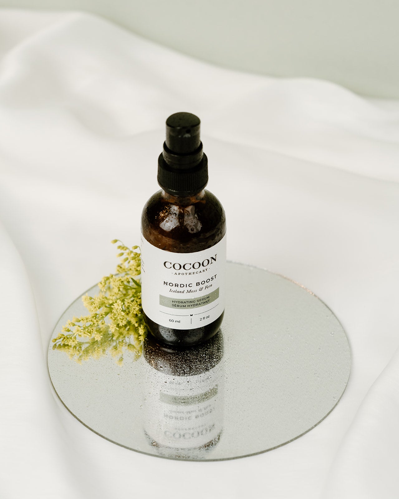 hydrating hyaluronic acid serum with fern, moss, and litchen. Certified natural.