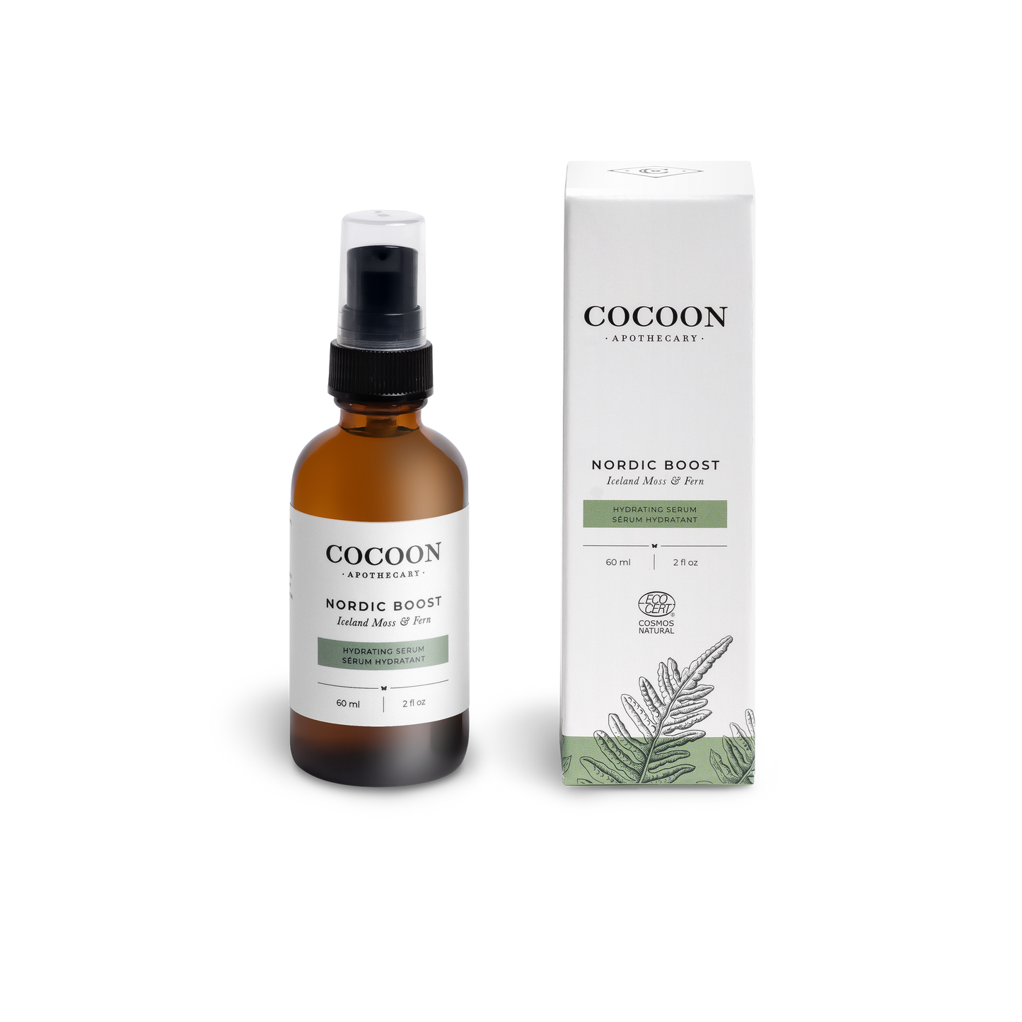 hydrating hyaluronic acid serum with fern, moss, and litchen. Certified natural.