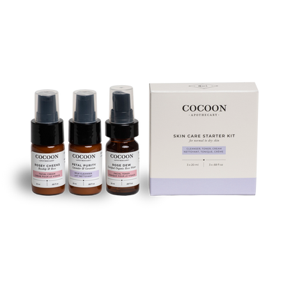 trial travel size skin care set for normal to dry skin. toner moisturizer cleanser organic natural ecocert