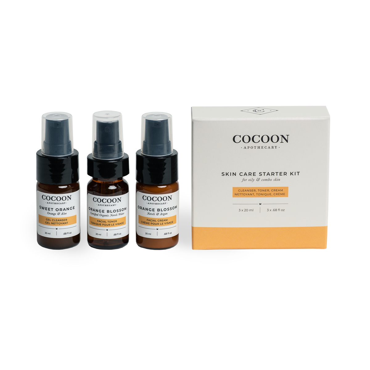 Orange blossom skincare starter kit, trial sized for oily skin, Cleanser, toner, moisturizer all ecocert